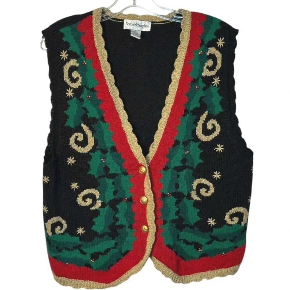 Norton McNaughton Vintage Christmas Holiday Vest Gold Trim Black Festive Party L